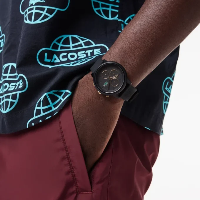 Orologio Lacoste.12.12 Chrono in silicone nero e oro garofano
