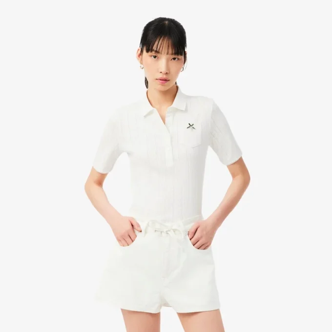 Polo da donna Slim Fit Pointelle con marchio L.12.12 Polo da donna Slim Fit Pointelle con marchio L.12.12
