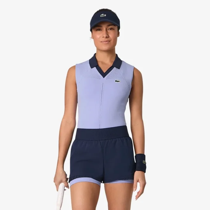 Polo da tennis da donna senza maniche in maglia elasticizzata Polo da tennis da donna senza maniche in maglia elasticizzata
