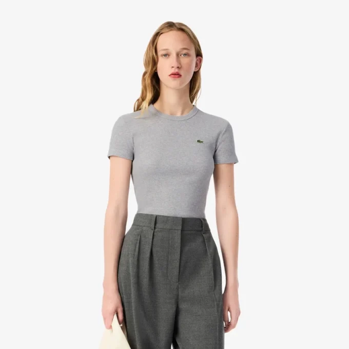 T-shirt da donna slim fit in cotone a costine T-shirt da donna slim fit in cotone a costine