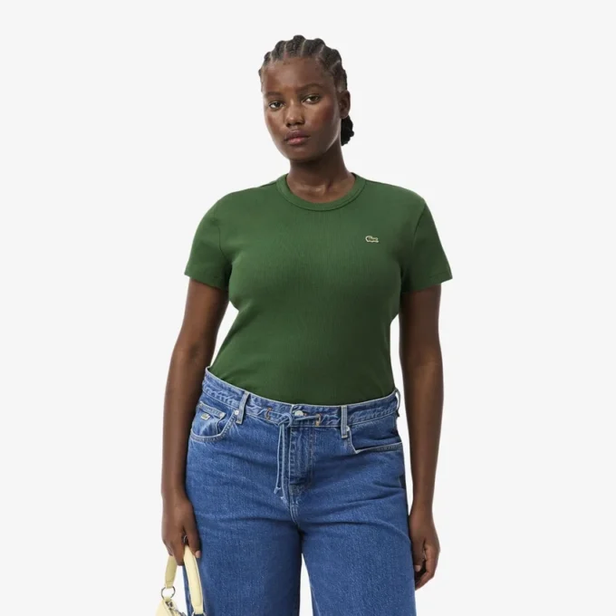 T-shirt da donna slim fit in cotone a costine T-shirt da donna slim fit in cotone a costine