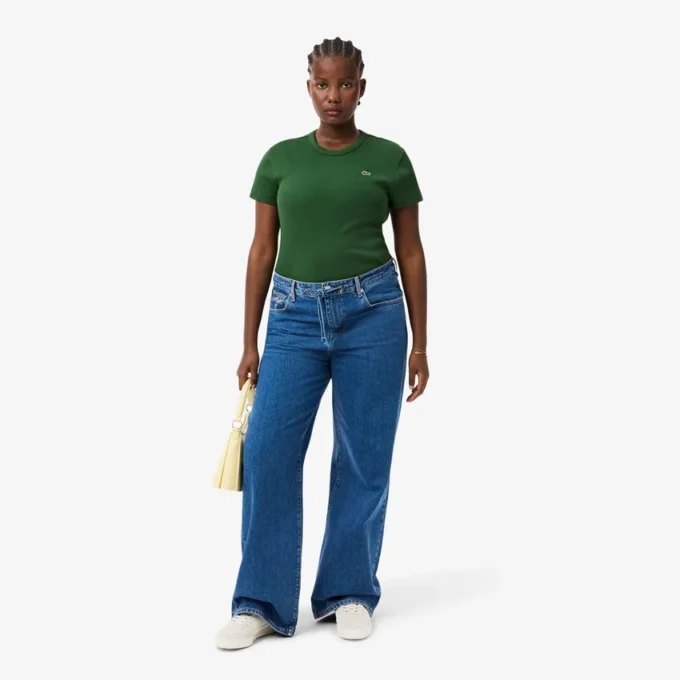 T-shirt da donna slim fit in cotone a costine T-shirt da donna slim fit in cotone a costine