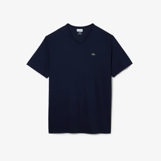 T-shirt da uomo in cotone a V con maniche a costine e vestibilità alta T-shirt da uomo in cotone a V con maniche a costine e vestibilità alta
